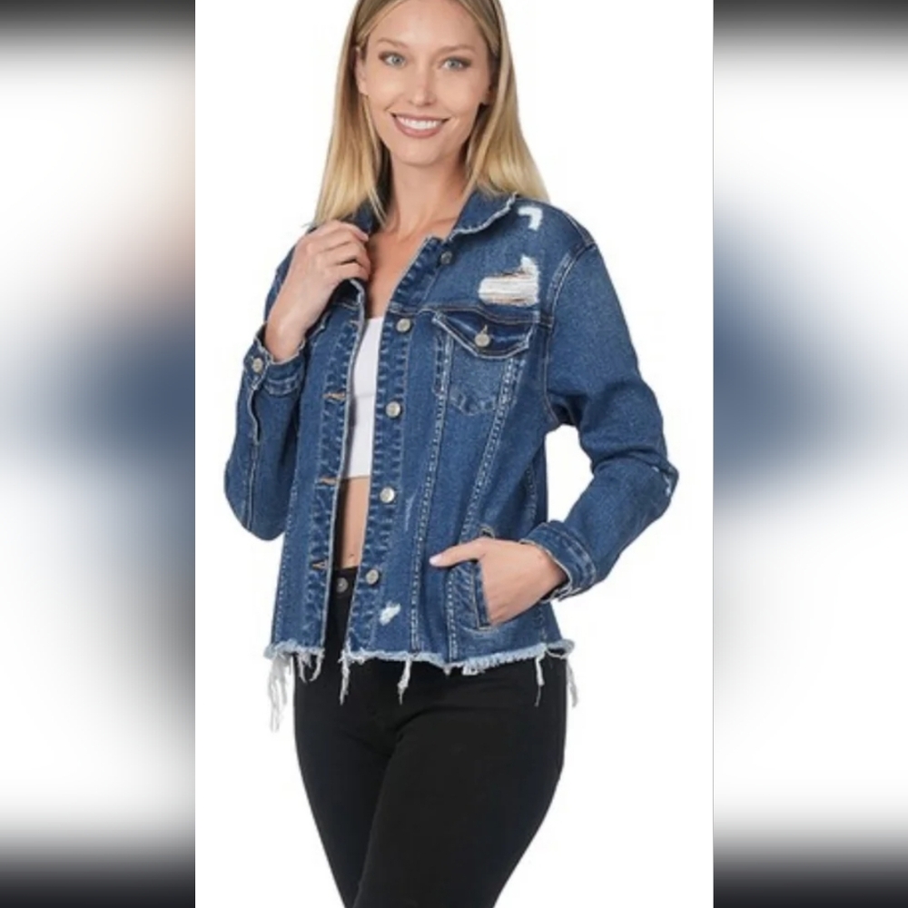 Zenana Outfitters Blue Distressed Denim Jacket